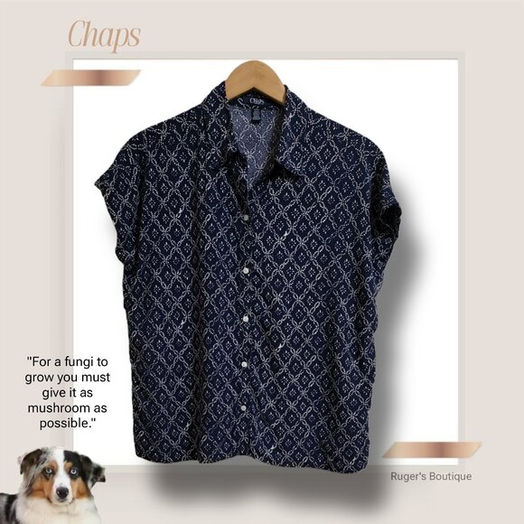 🌿Chaps Women's Small Blue White Print Cap Sleeve Box Style Summer Shirt - Picture 11 of 12